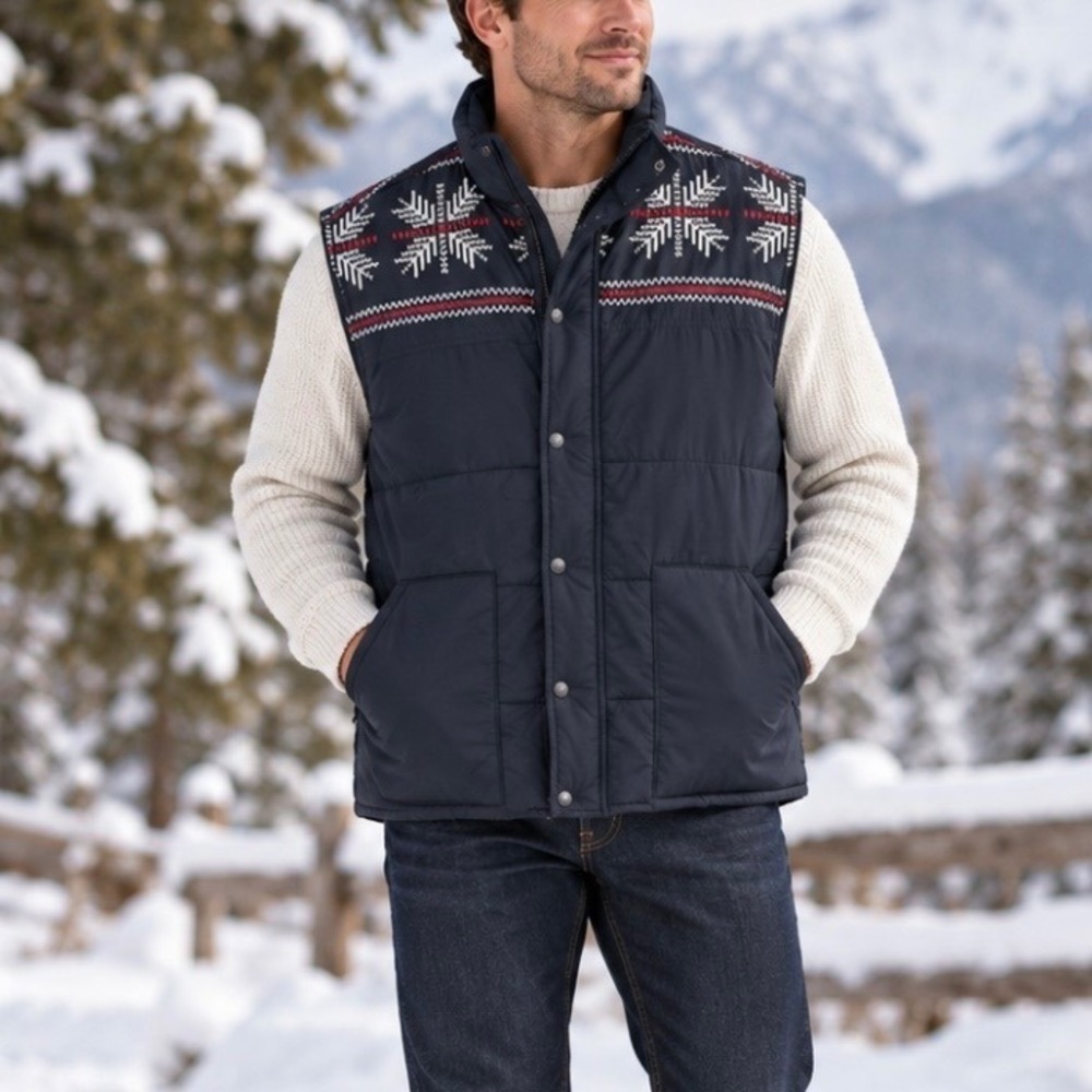 Chaps Nordic Fair Isle Quilted Puffer Vest Mens Large Blue Snowflake Zip Snap